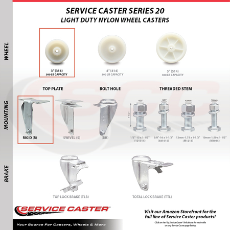 Service Caster 3 Inch SS Nylon Wheel Swivel Top Plate Caster Set with 2 Rigid SCC-SS20S314-NYS-2-R-2
